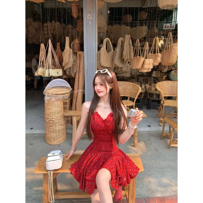 2025 francês vintage vermelho floral férias halterneck irregular vestido de emagrecimento verão sem mangas cintura saia curta