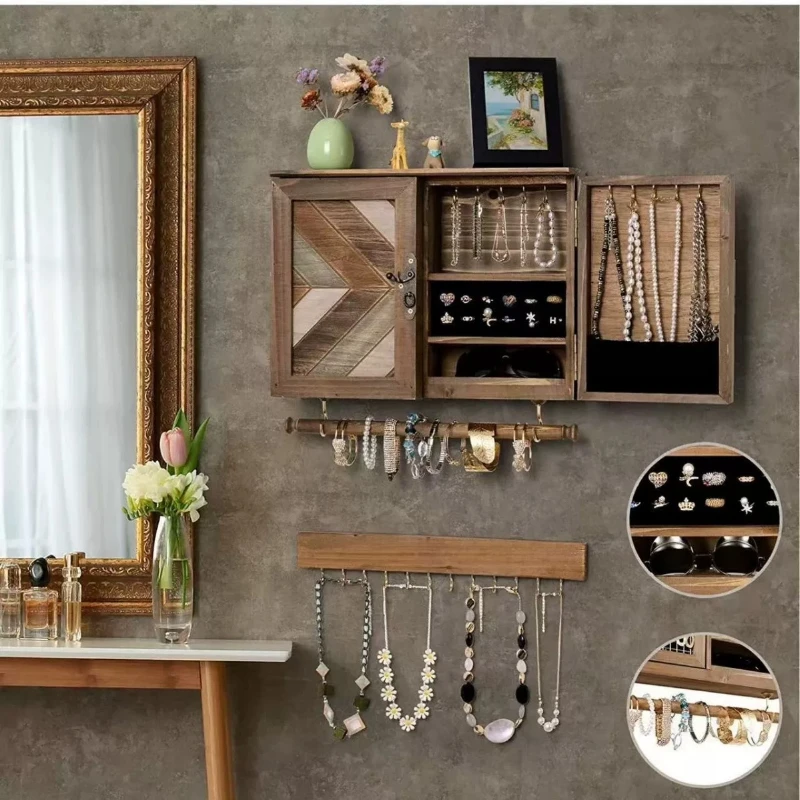 Jewelry Storage Box Solid Wood Wall-mounted Jewelry Shelf Necklace Earrings Finishing Storage Rack Jewelry Display Cabinet