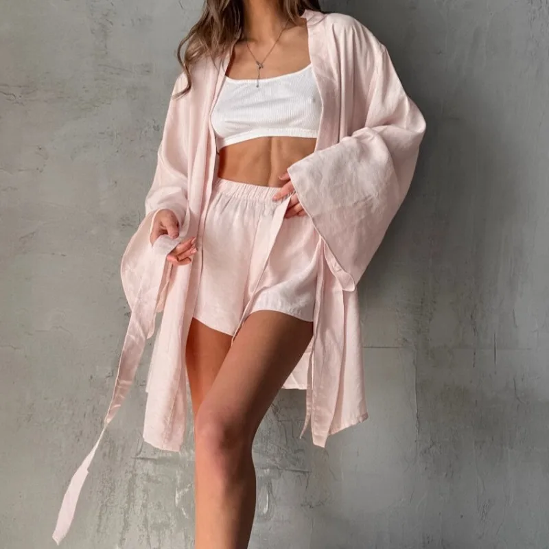 Two Piece Set Long Sleeved Pink Wrinkled Material Nightgown Shorts Pajamas Autumn Winter 2025 Europe America Fashion L Size Robe