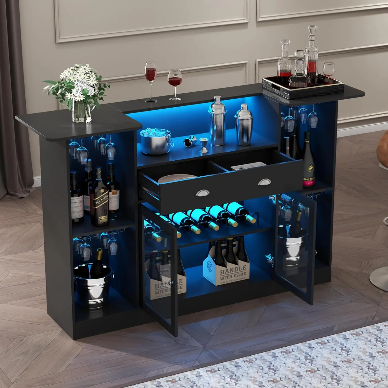 Bar armário de mesa com LED e gaveta, mini bar de bebidas, armazenamento 8 camadas e suporte de estandarte, balcão em forma de crescente para casa e bar