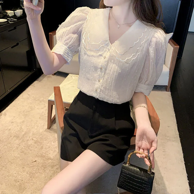 Sweet Kawaii Peter Pan Collar Women\'s Blouses Summer New Female Clothing Loose Korean Fashion Embroidery Solid Puff Sleeve Shirt