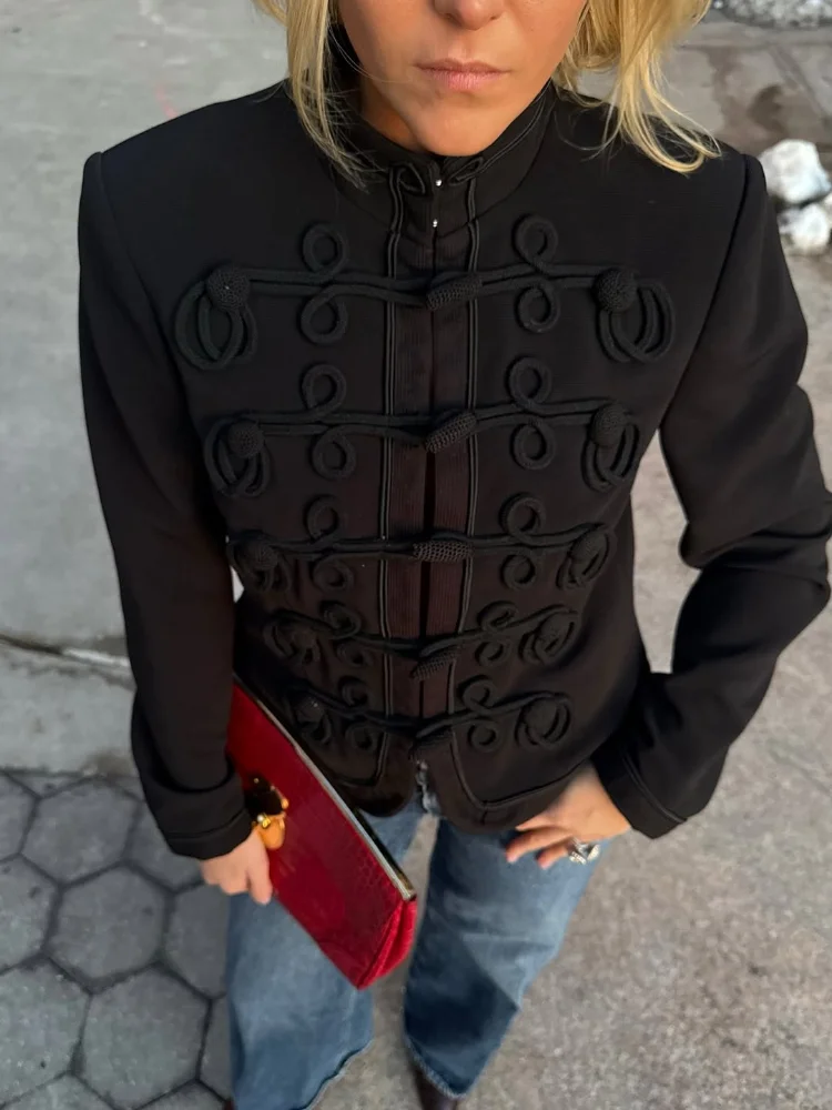 Black Women Jacket With Horn Buttons Stand Collar Long Sleeve Female Coat Chic Lady Office Clothes Commute Spring Autumn 2026