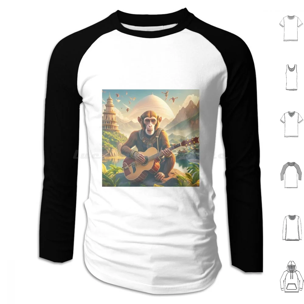 De Harmonische Aap : Een Gitaarspelend Wezen Bereikt Op De Bergtop Hoodies Long Sleeve Monkey Gitaar Ai Rust Muziek Aap