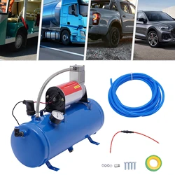 100 Psi Air Compressor Pump Universal DC 12V 23A Air Horn Kit with 6L Tank & Hose & Pressure Gauge for Automobile Tire/Engine Boat