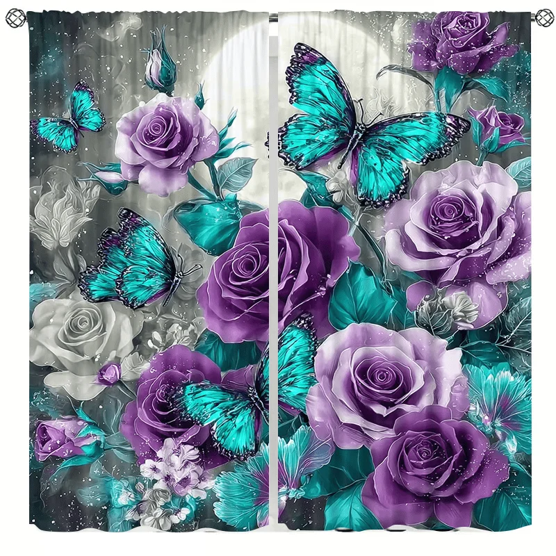 Moonlight, Flower, Butterfly, Curtain Print Drapes Room Darkening Window Curtains for Home Decor,Rod Pocket Blackout Curtains