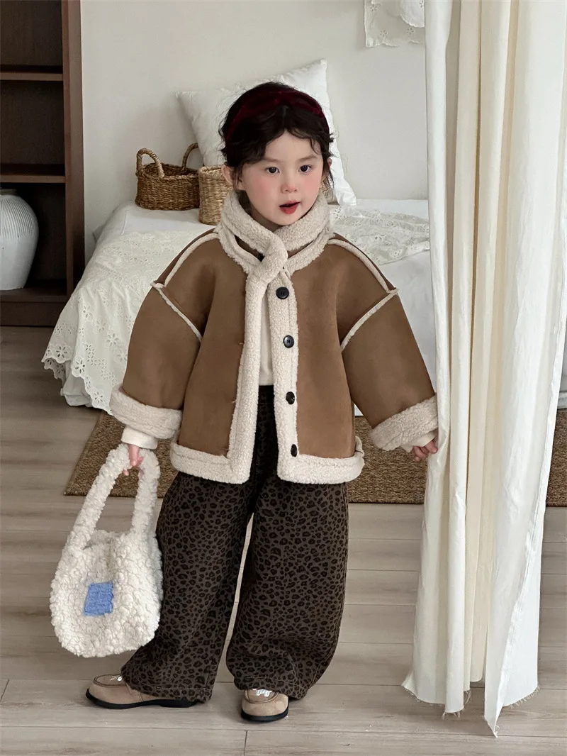 2025 Winter New Product Children's Stand-up Collar Korean Version of Artificial Leather Jacket Girls Hemming Velvet Thicker