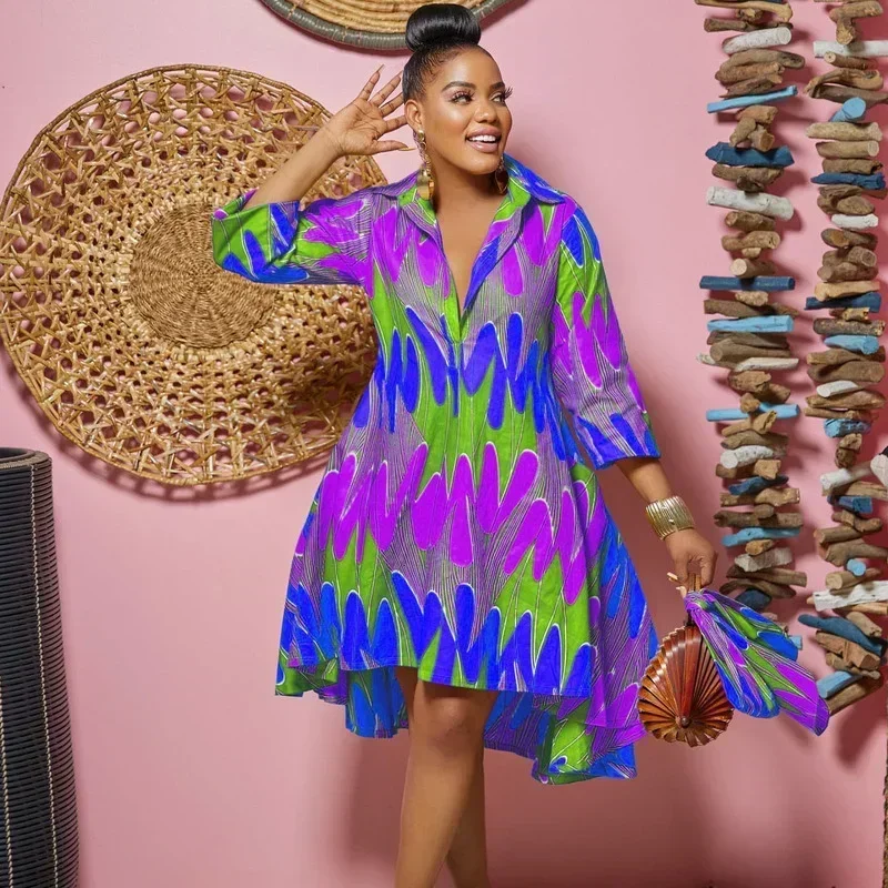 GUWU فستان قميص بأكمام طويلة مطبوع على شكل حرف a فضفاض غير رسمي بحاشية كبيرة أنيق بطول الركبة فستان نسائي ميدي ملابس الخريف