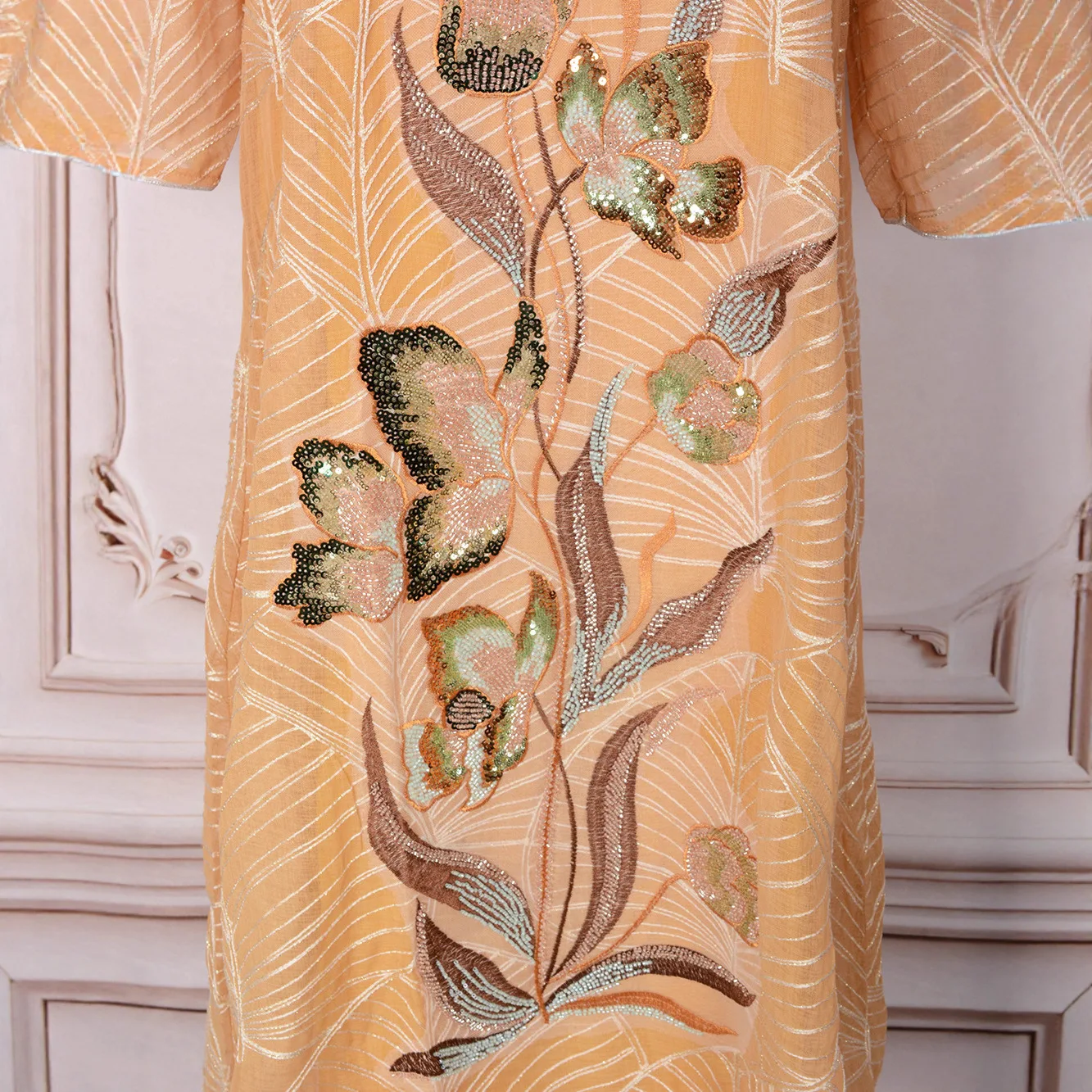 Middle East Muslim New Fashion Women's Casual Trendy Embroideried Sequined Loose V-neck Long Sleeve Elegant Ceremonial Dresses