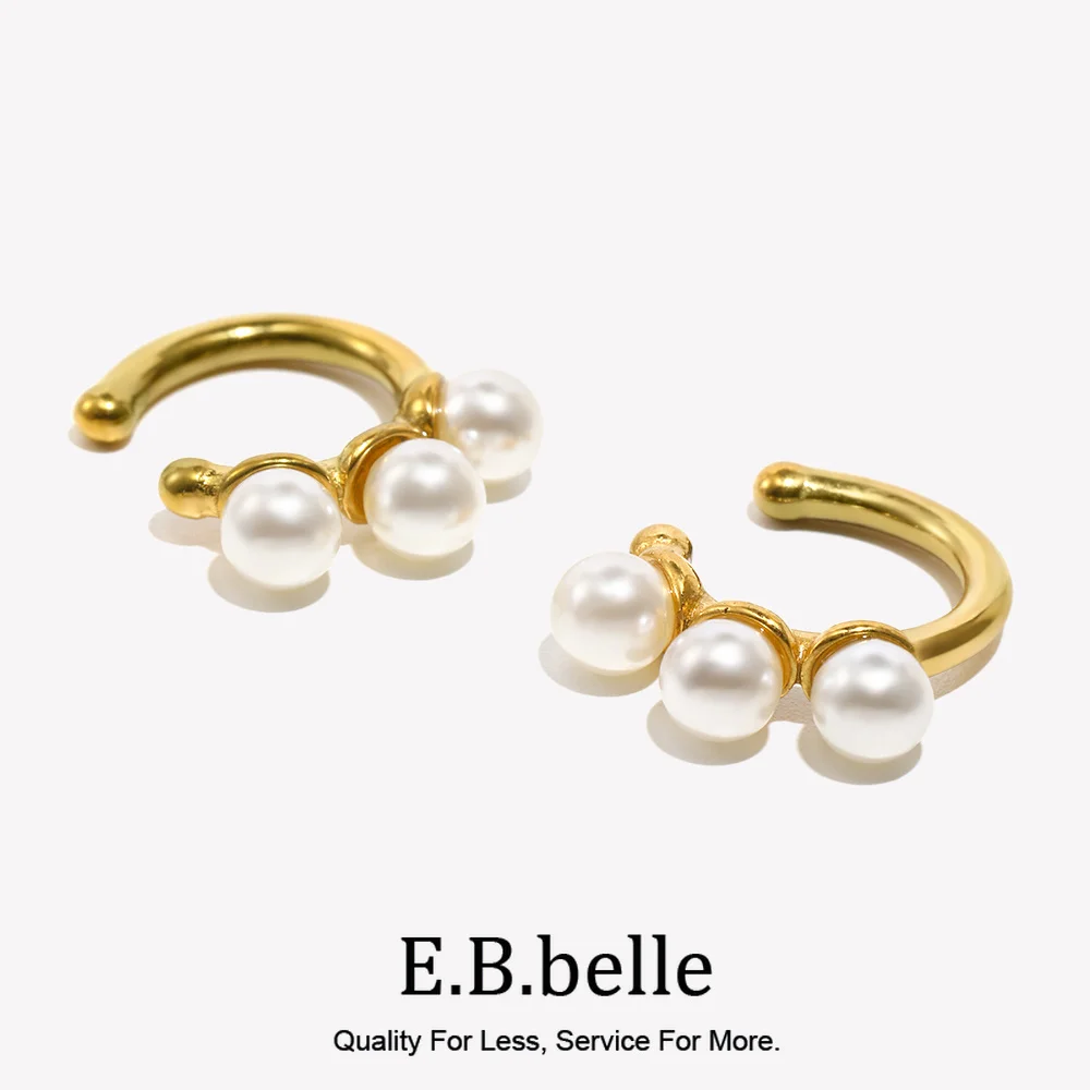 E.B.belle Pendientes de Clip en Forma de C con Tres Perlas, Resistentes al Deslustre, Chapados en Oro de 18K, Color Plata, Pendientes para Mujer, Aros de Acero Inoxidable