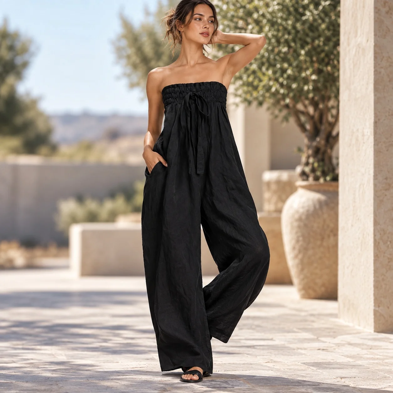 Printed Strapless Pants Mid Waist Full Length Androgynous Sleeveless with Japanese Korean Casual Slight Stretch Women Jumpsuit