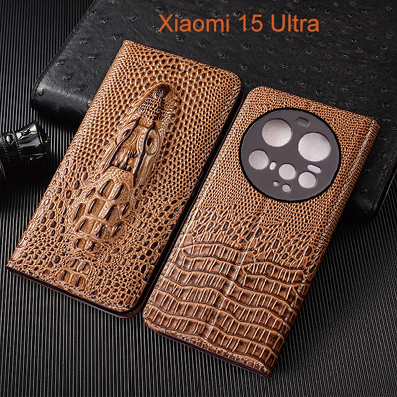 Genuine Leather Flip Case For Xiaomi 15 Ultra Phone Cover Card Cases Crocodile Head Handmade