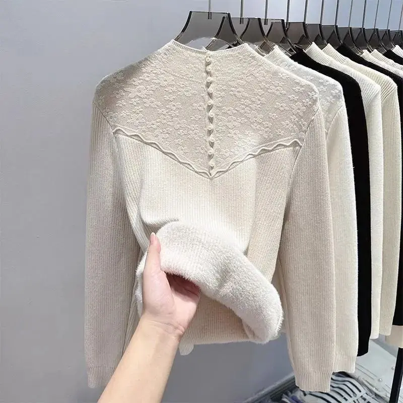 Half High Collar Women\'s Clothing Sweater Knitted Screw Thread Solid Pullover Long Sleeve Autumn Winter Lace Patchwork Tops