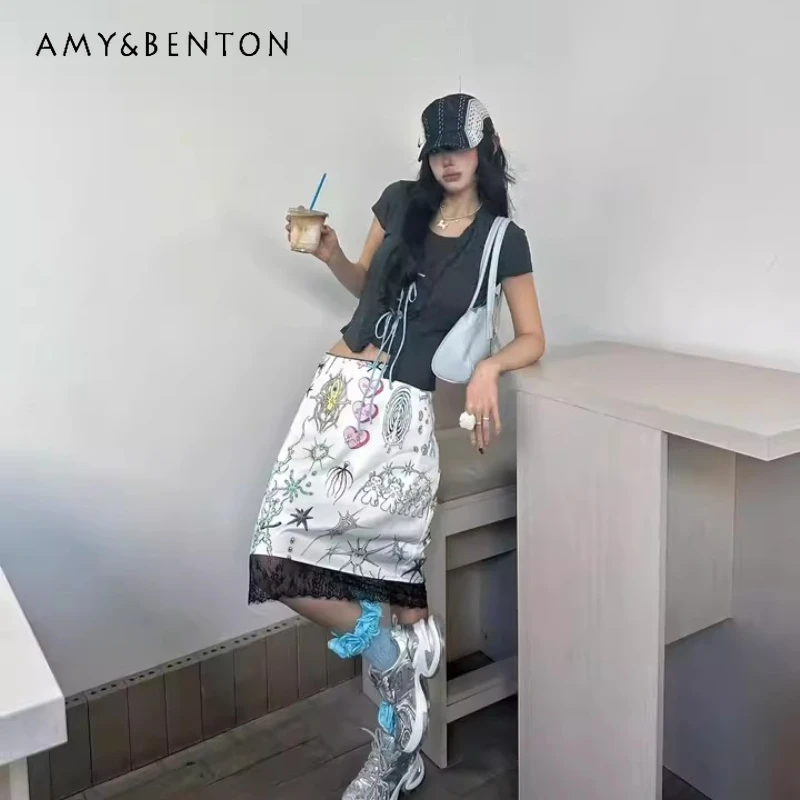 

Vintage Sweet Graffiti Print Lace Splicing Women's Skirt Summer New Elegant Casual Versatile Slimming A-line Short Skirts Ladies