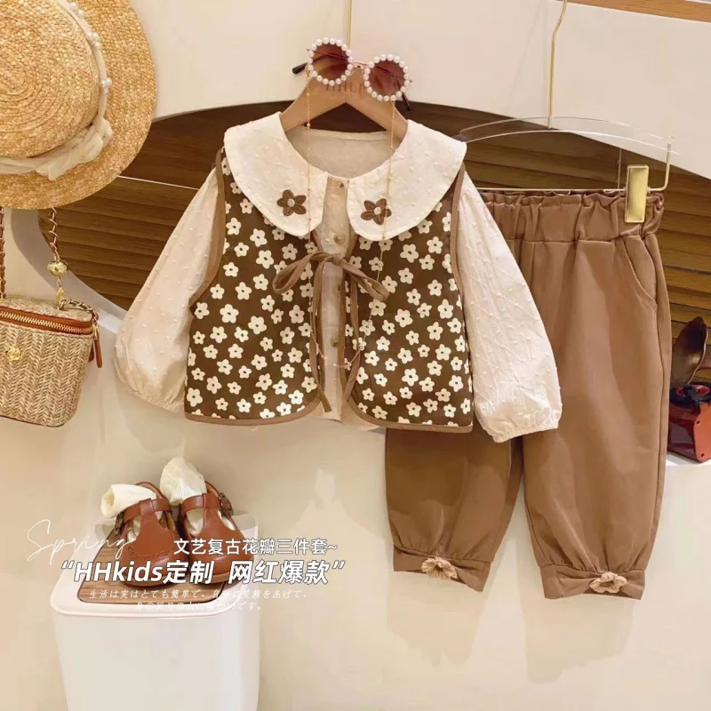 Girls' Clothing Fashionable Suit Western Style2024New Spring Clothes Baby Spring and Autumn Net Red Fried Street Three-Piece Chi