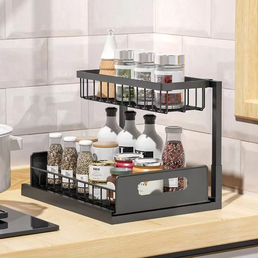 

Carbon Steel Under Sink Organizer Slide Out Expandable Height Pull Out Cabinet Organizer Multifunctional 2 Tier Sink Shelf