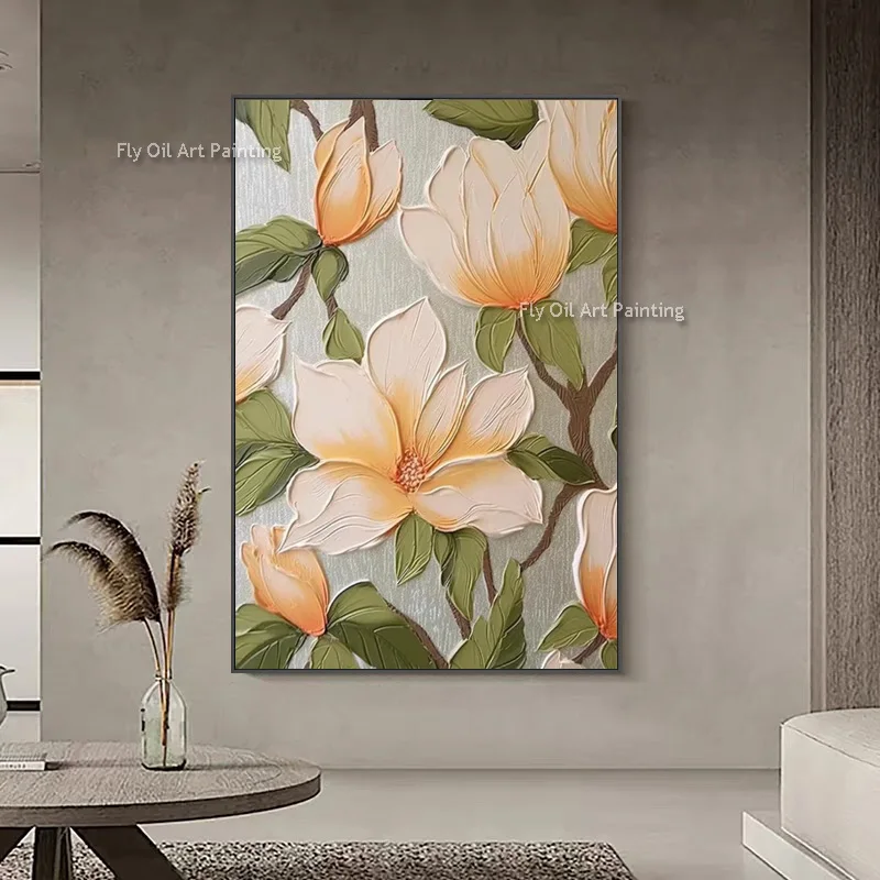 Handmade Orange White Magnolia Canvas Wall Art Impasto Texture Green Leaf Floral Oil Painting Modern Large Room Decor Artwork