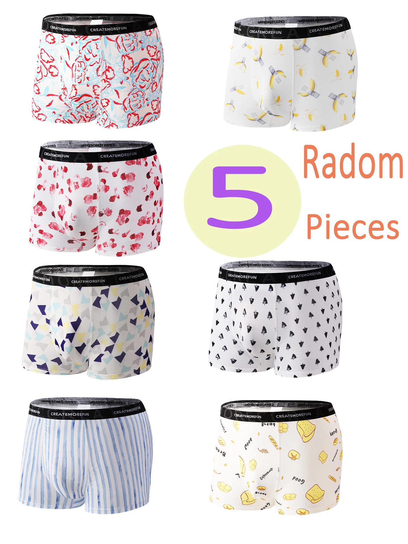 

Men's 5-Piece Random Ice Silk Boxer Briefs Set - "CREATEMOREFUN" Waistband, Assorted Fun Prints Underwear