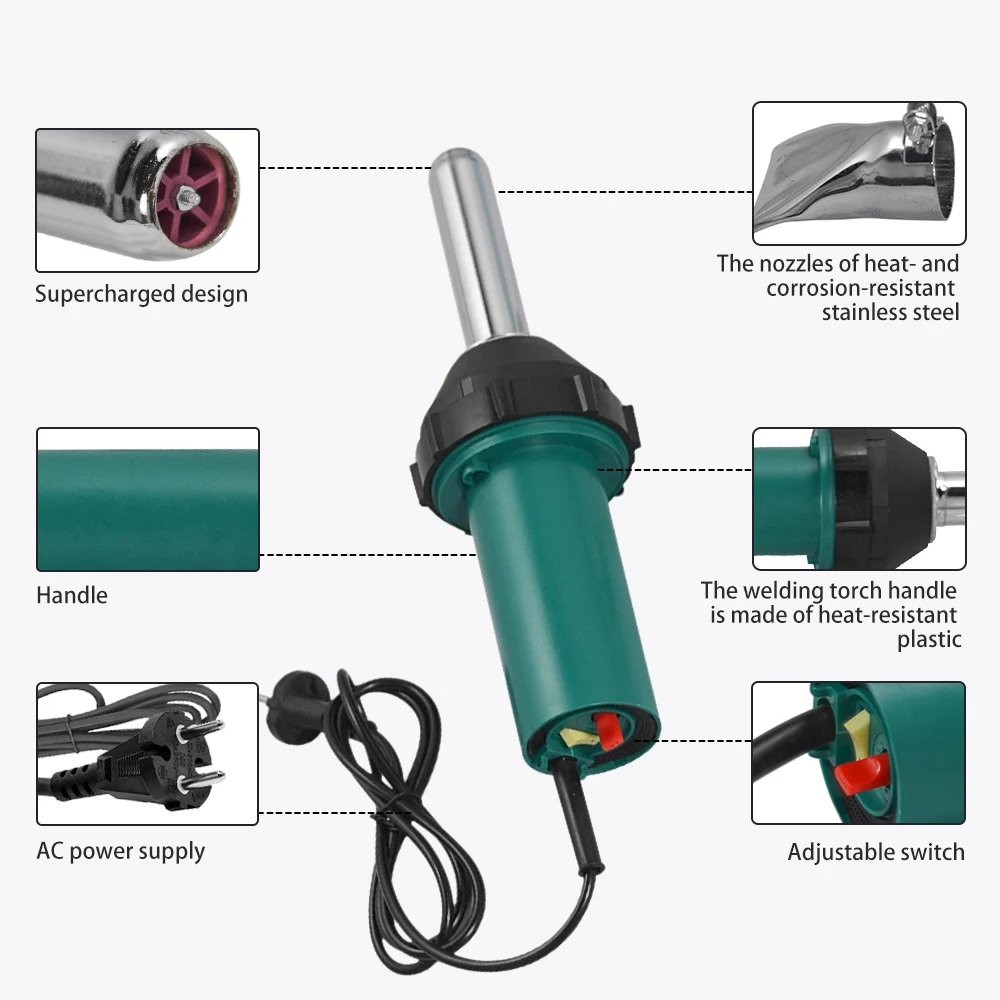1080W 220V Plastic Hot Air Welding Gun Torch with Pencil Tip Nozzle Flat Tip Pressure Roller Welding Heat Gun Kit Welder Machine