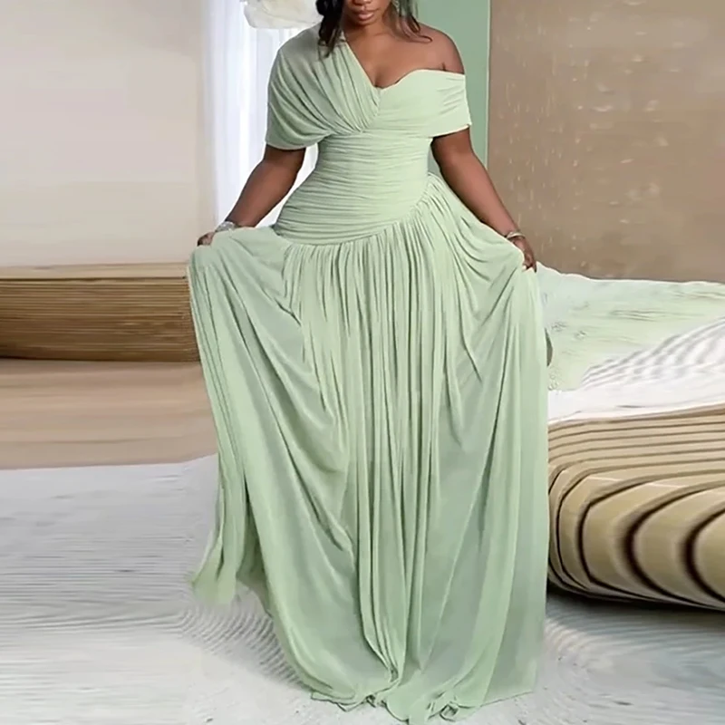 Mesh Splicing Solid Color Evening Dress Ruffle Design Hollow Off Shoulder Dress Elegant Diagonal Collar Long Sleeve Spring Dress
