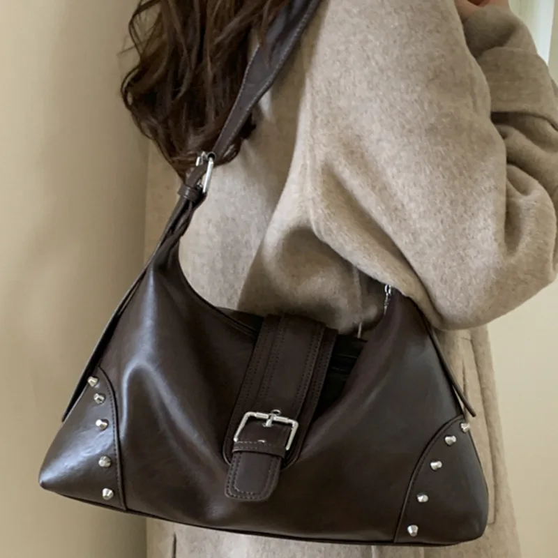 

Retro Trendy Biker Bag for Women | Edgy Rivet & Belt Buckle Decor, Stylish Shoulder/Armpit/Handheld Bag