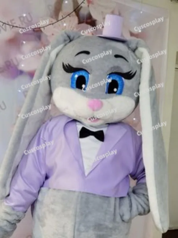 

Purple Hat Grey Rabbit Easter Tuxedo Bunny Rabbit Halloween Mascot Costume Animal Mascot Costume