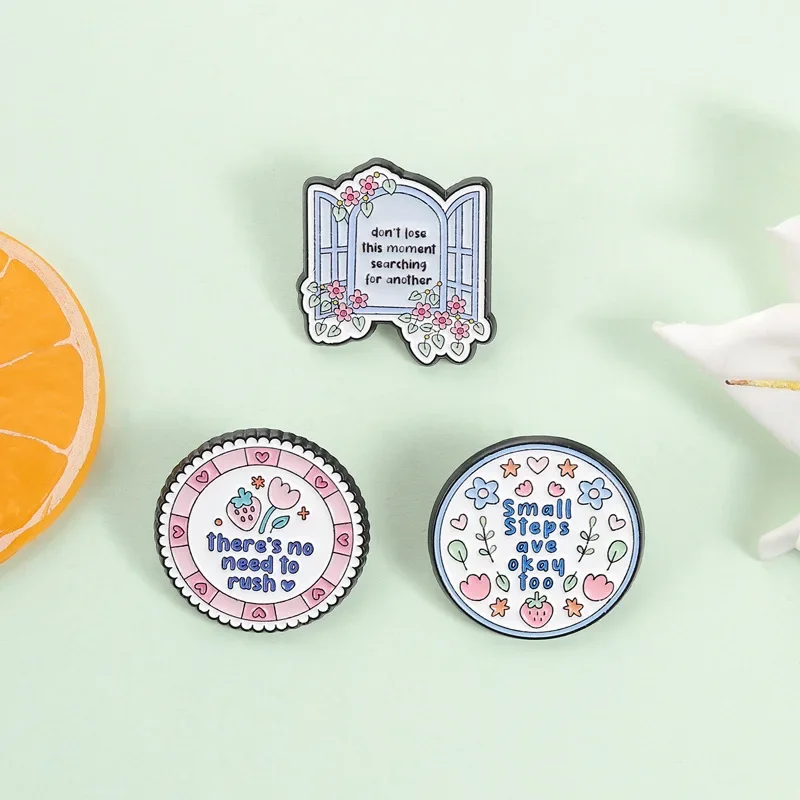 Enamel Pins Healing Brooch Inspirational English Short Phrases Strawberry Flower Design Badge Student Cute Accessories Lapel Pin