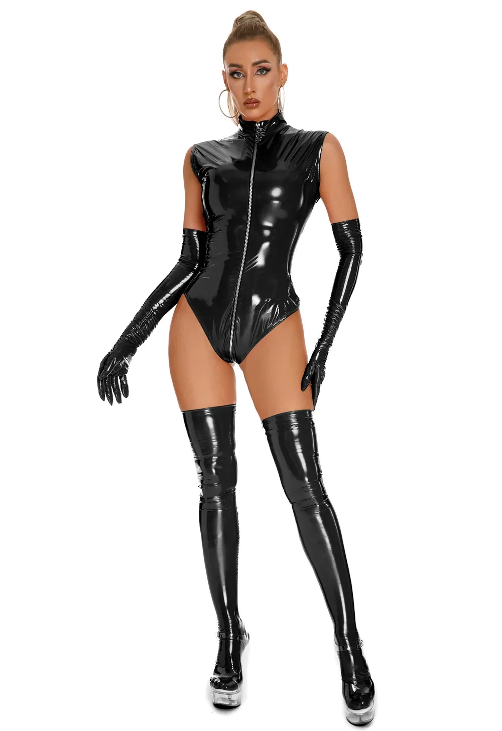

Double Zipper Open Crotch PU Leather Jumpsuit Women Sexy Bodycon Bodysuit Slim Glossy Latex Bodysuits Rompers Body Lingerie Set