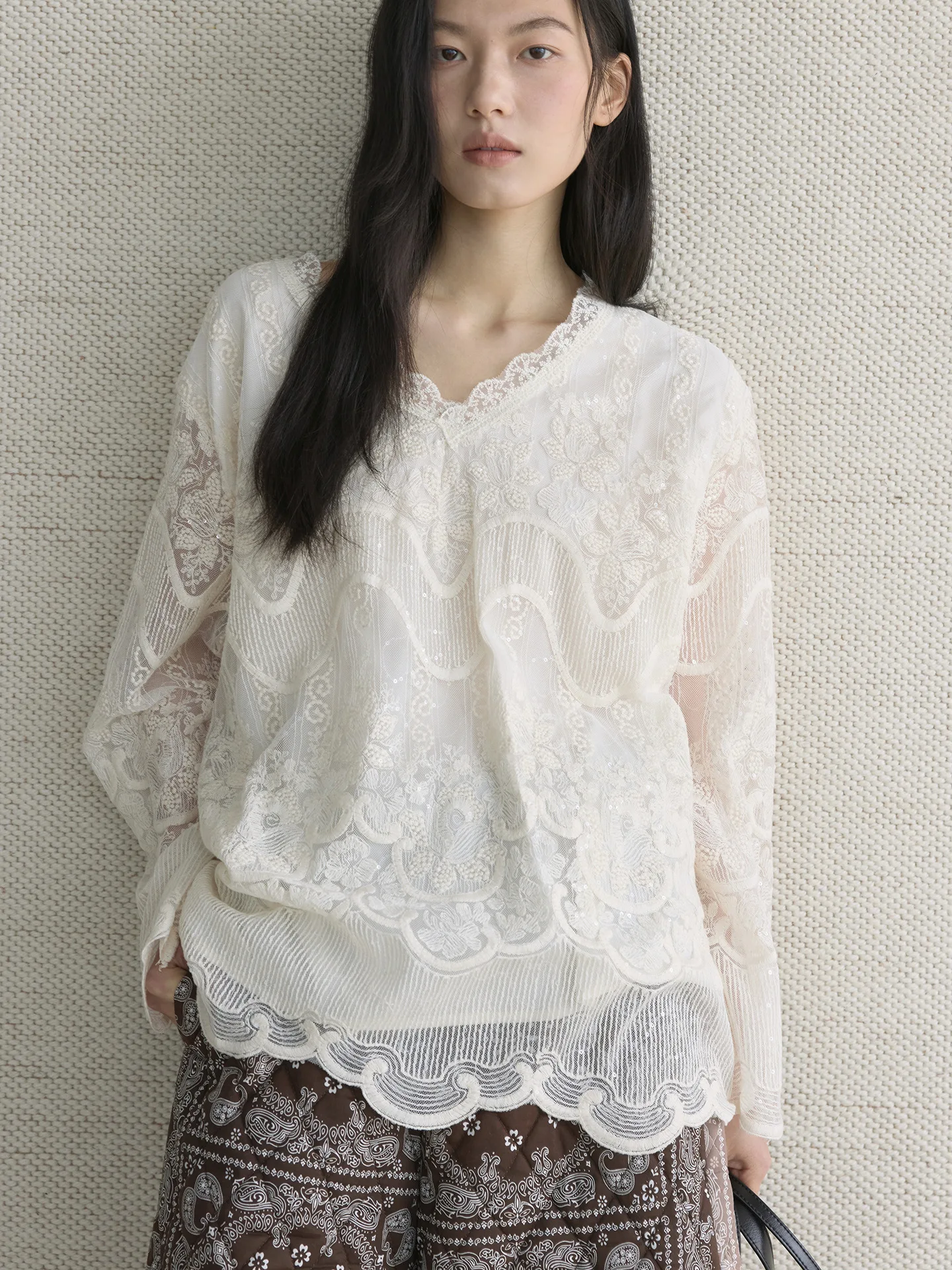Early spring new style French style lace V-neck double-layer lined translucent shirt embroidered top for women