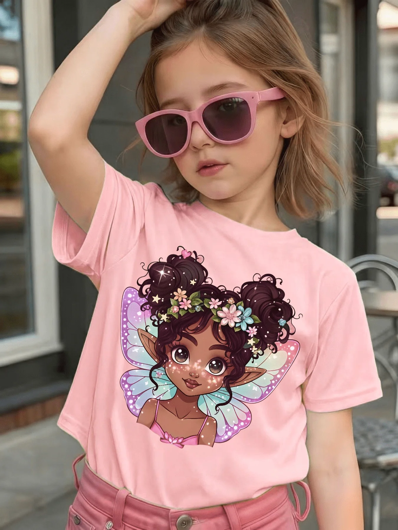 Girls Boys Family Tee Cute Floral Wing Elf Print Soft Short Sleeve Parent Child Matching Daily Casual Sweet Kids Fashion Tops