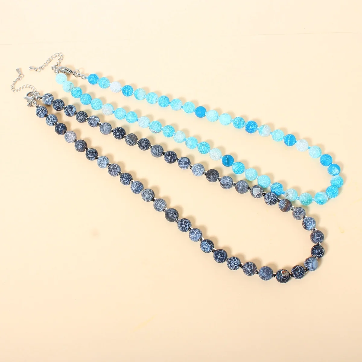 Weathered agate glass bead semi precious stone necklace, stainless steel lobster clasp, unisex length approximately 42CM