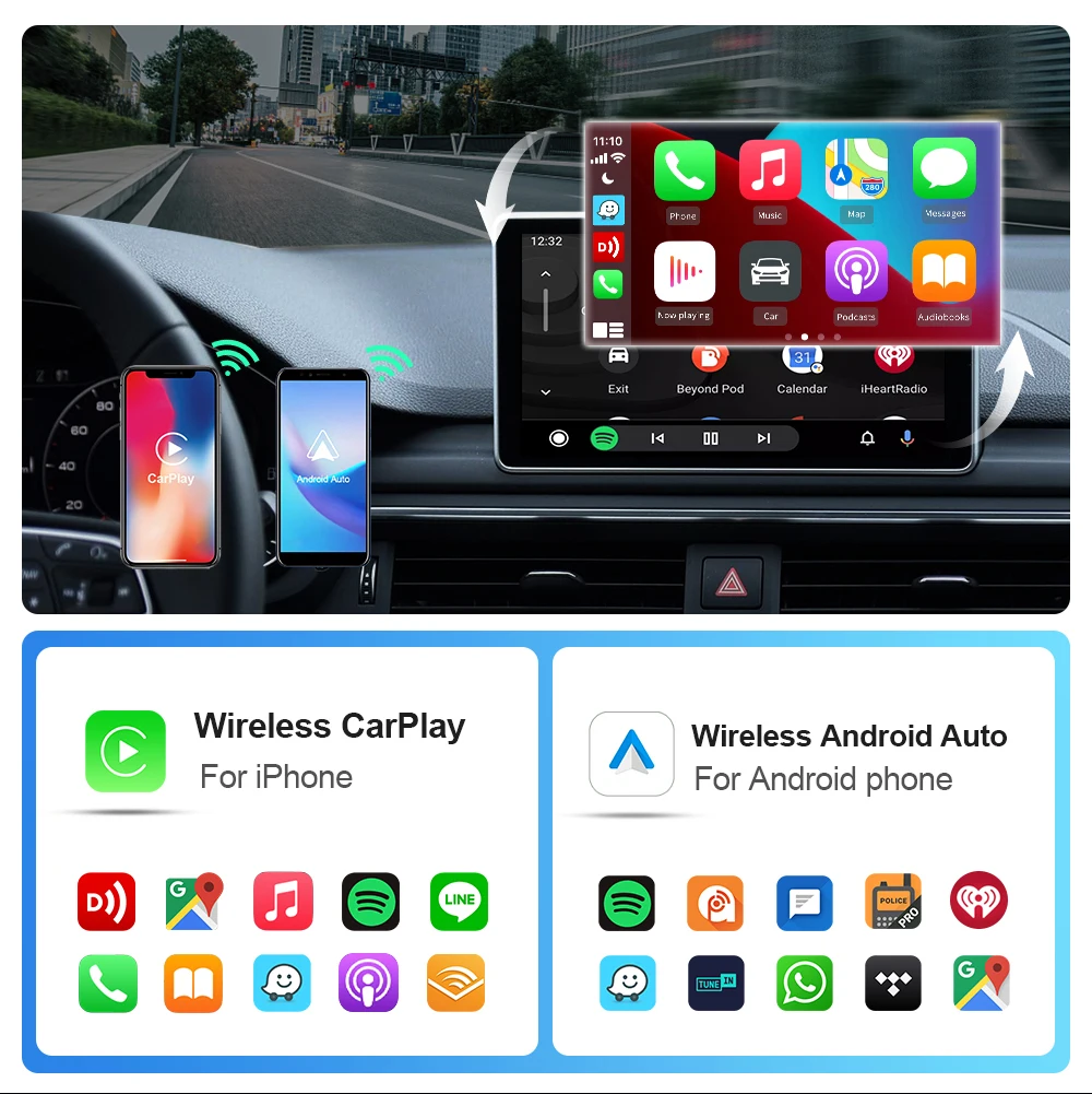 Wireless Carplay Adapter Android Auto Wireless Smart Dongle 2in1 For Volvo Benz Audi Kia Hyundai VW Mazda Cadillac MG Peugeot