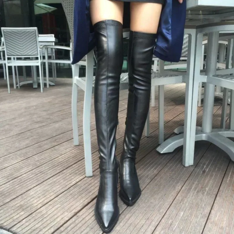 Footwear Elegant with Low Heels Shoes for Woman Thigh High Women\'s Boots Above Over The Knee Pointed Toe Black Work Comfortable