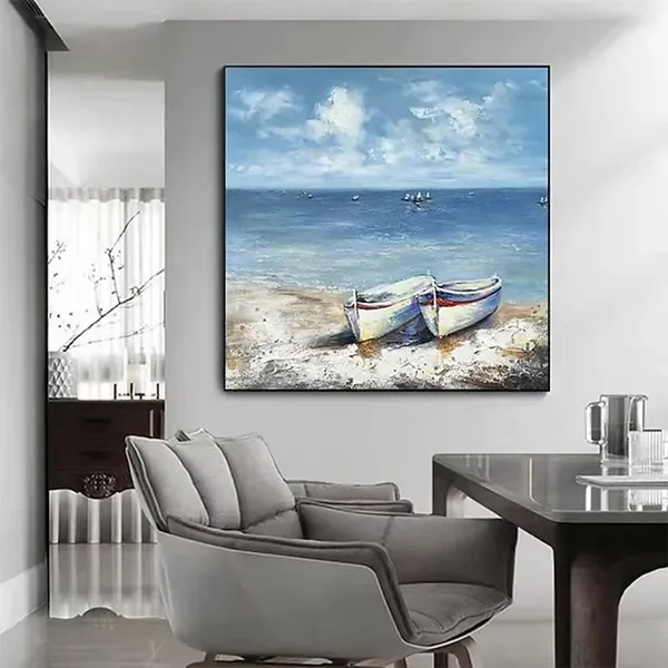 

Hand Painted Oil Paintings Abstract Seascape Painting Boats On The Beach Living Room Hallway Luxurious Decorative Painting