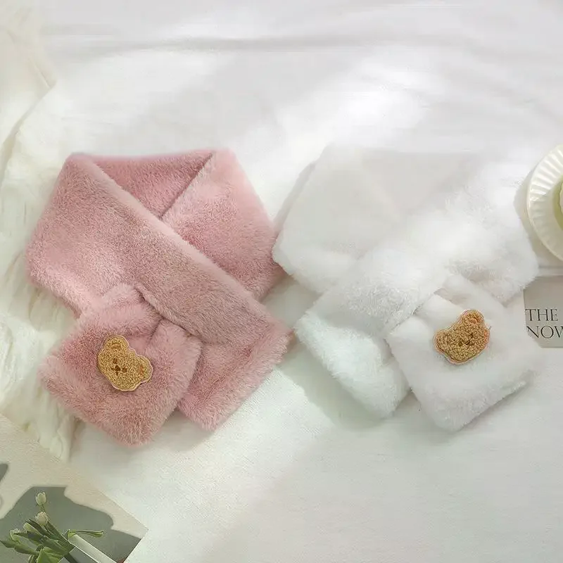 

Элегантный зимний теплый шарф из искусственного кроличьего меха, однотонный шейный платок для женщин, милый плюшевый шарф с маленьким медвежонком