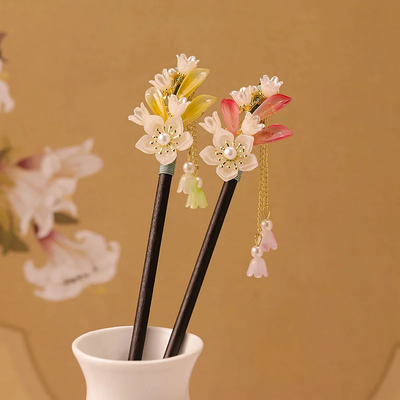 New Orchid Tassel Ancient Style Hanfu Wooden Hairpin Temperament Hair Accessory for Women