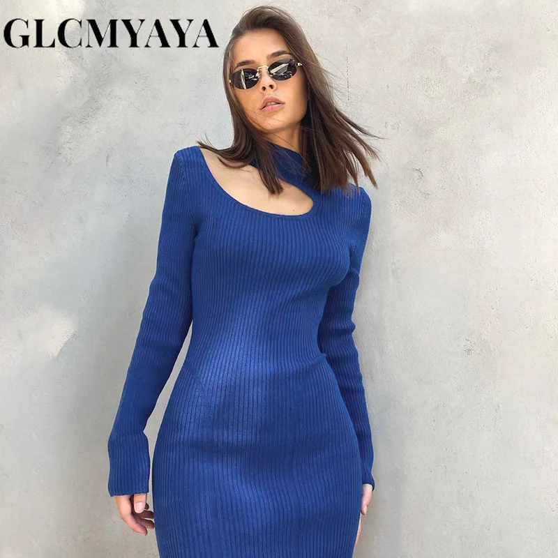 GLCMYAYA Women Half High Collar Hollow Out Woolen Fabric Long Sleeve Slim Dress 2023 Spliced Solid High Waist A-LINE Dresses