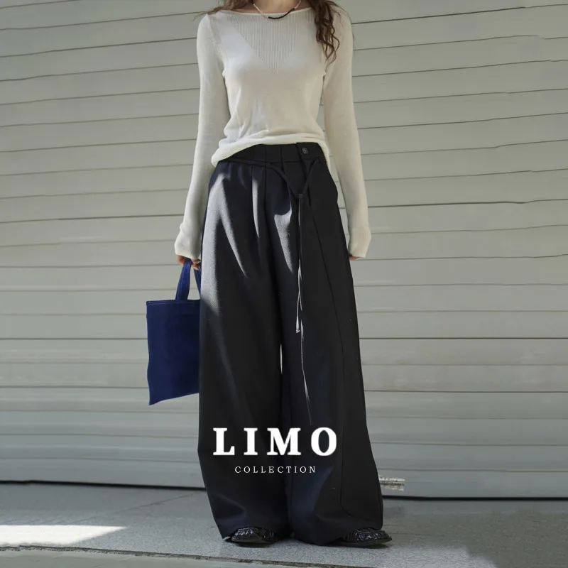 

LIMO Autumn Winter New Paris Fashionable Modern Pleated Side Placket Trousers Draped Wide Leg Trendy Long Pants for Women