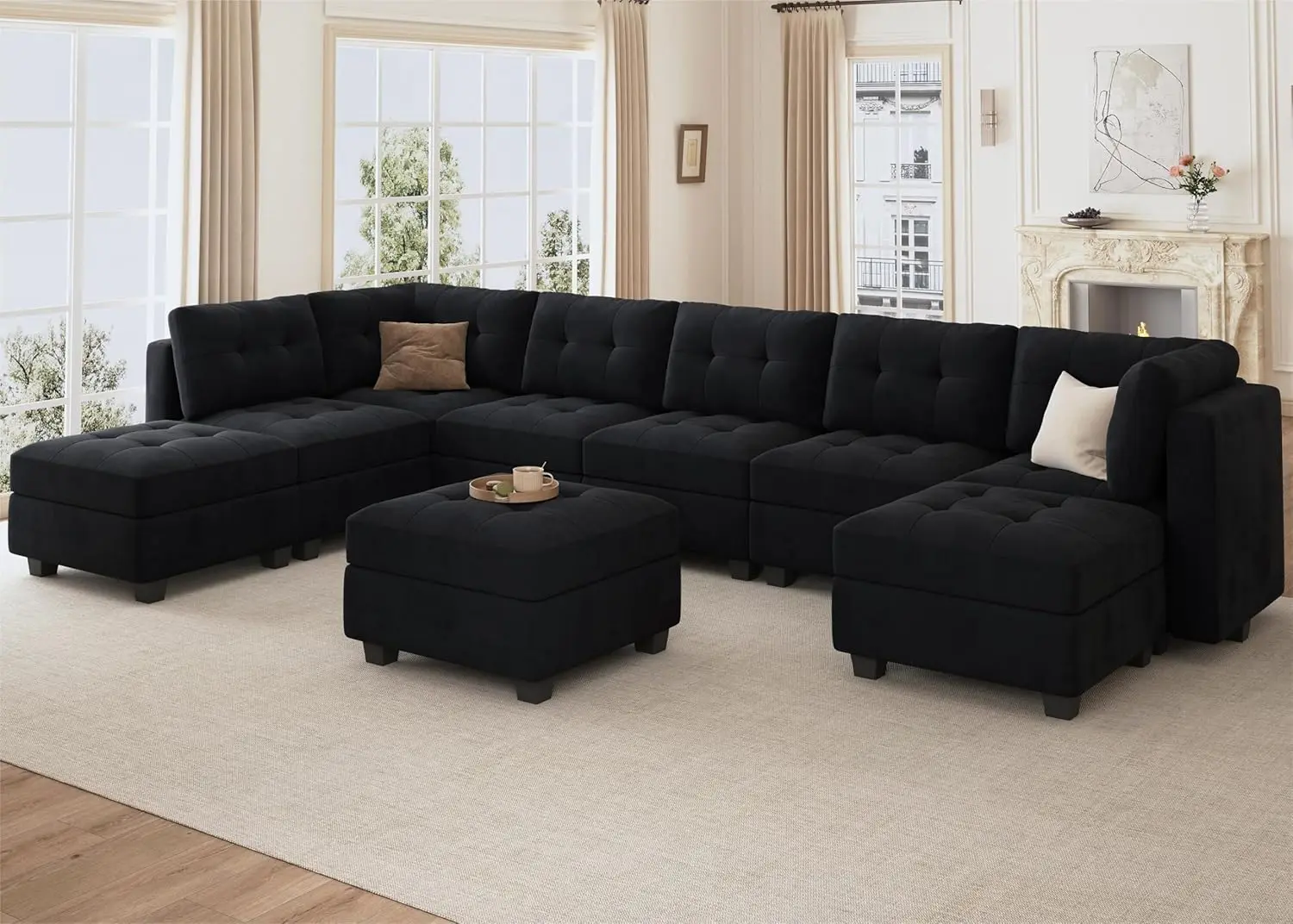 Oversized Modular Sectional Sofa Velvet U Shaped Couch with Storage Ottomans 9-Seater Sectional Couch for Living Room Black