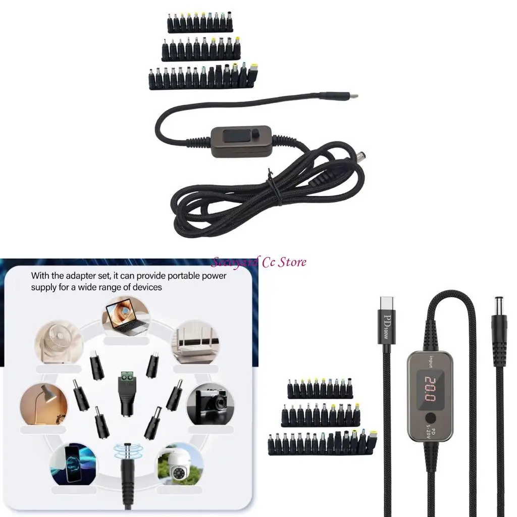 

N3UC Flexible Voltages USB C DC5525 Adapter Cable Cord 34 Interchangeable Tips
