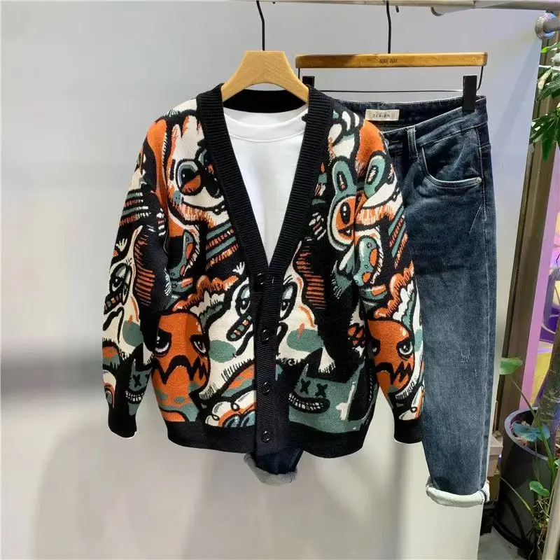 

Autumn 2023 Faionable American Casual Loose Men's Knitted V-ne Open Cardigan Thi Sweater Youth Vitali Sle Long Sve