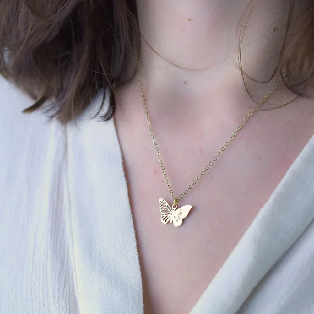 Personalized Butterfly Necklace Engraved Name Stainless Steel Gold Butterfly Pendant Custom Fashion Jewelry Gift for Girlfriend