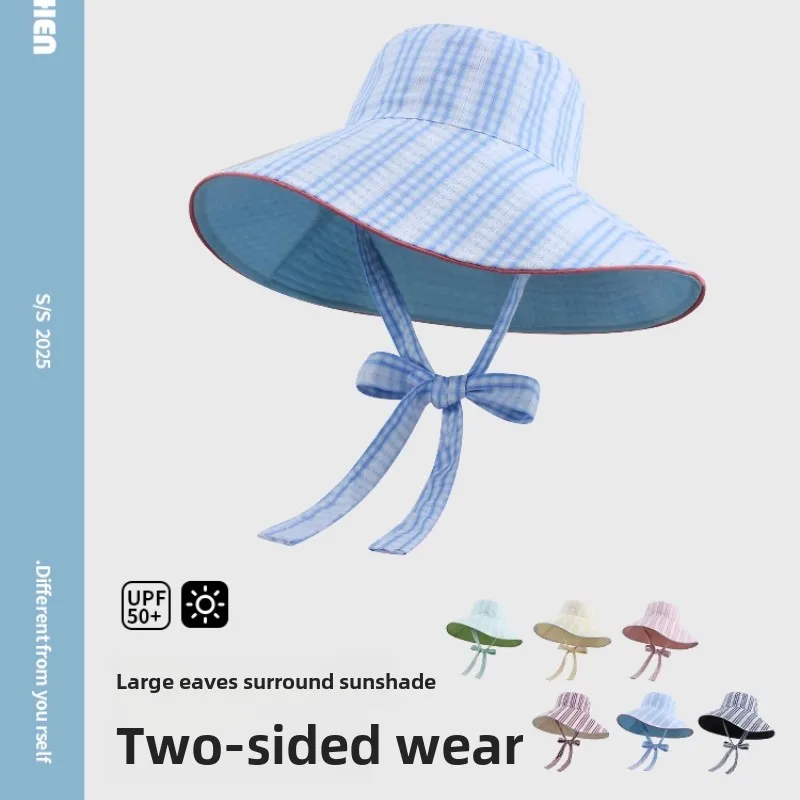 

Korean Sweet Long Streamer Color Matching Plaid Double-sided Bucket Hats Women Summer Travel Sunscreen Fashion Big Brim Sun Hat