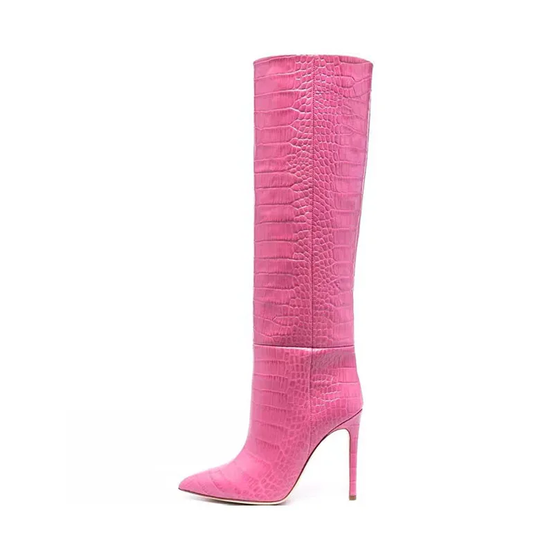 

Arden Furtado 2024 Crocodile grain Pink knee high boots Stilettos Pointed toe fashion casual Sexy skinny calf knee high boots