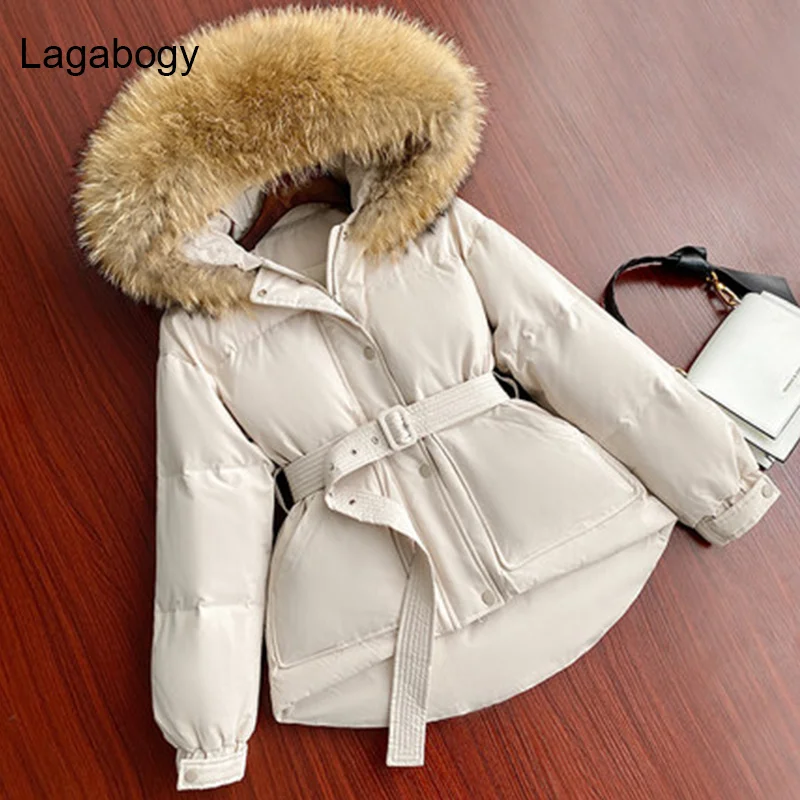 

Warm 2023 New Winter Thick Women Coat Large Real Fur 90% White Duck Down Parka Female Hooded Puffer Jacket With Belt