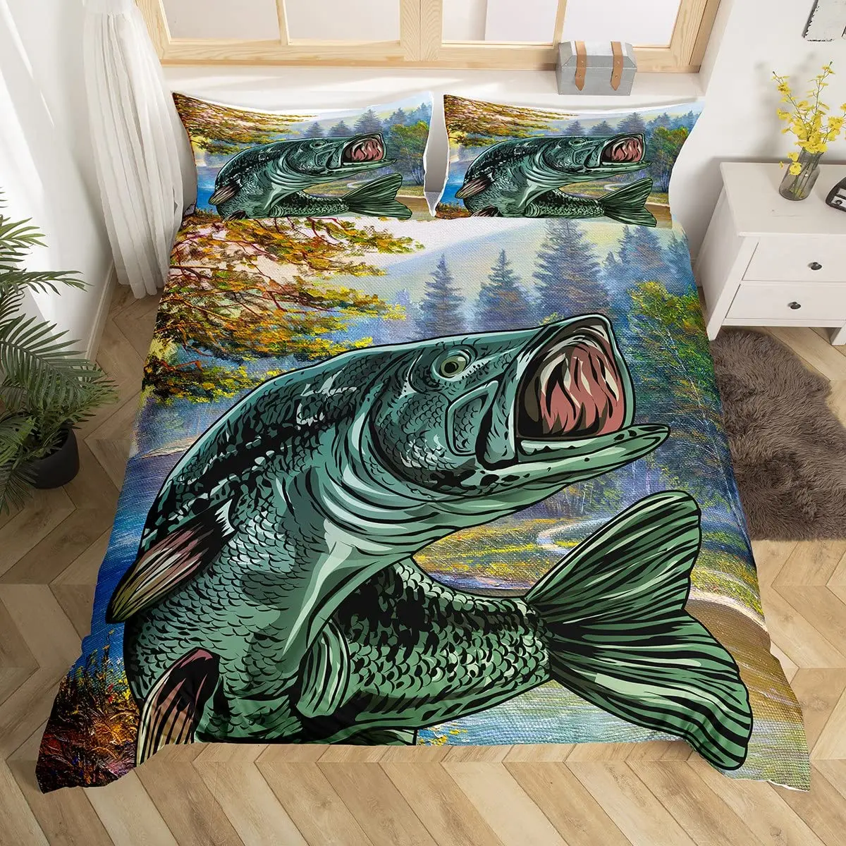 

Turquoise Bass Fish King Queen Bedding Set Sea Animal Duvet Cover Hunting Theme Woodland Jungle Scene Polyester Comforter Cover