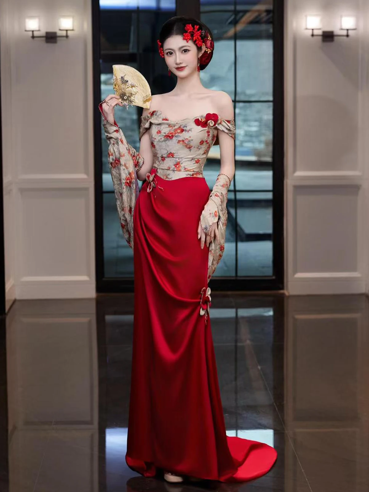 Ball Wear off-Shoulder Morning Gowns Women's New High-Grade Bride Engagement Formal Dress Wine Red Retro Toast Clothing