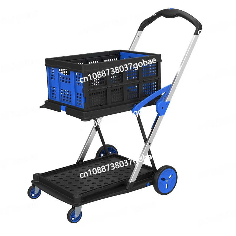 Multi functional and convenient folding shopping cart, 2-layer shopping cart with basket holder, school restaurant file cart