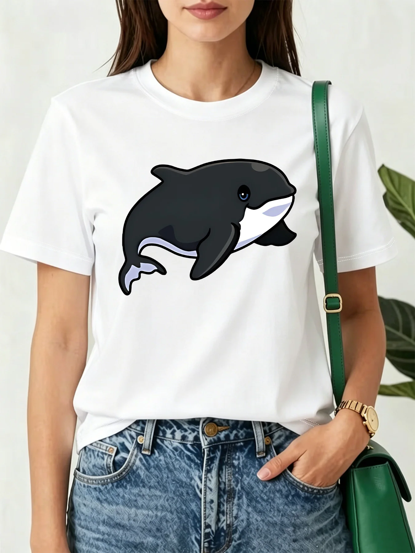 Cute Cartoon Orca Killer Whale Ocean Animal Art Print Graphic Womens T Shirt Short Sleeve Crew Neck Casual Ladies Tee Tops