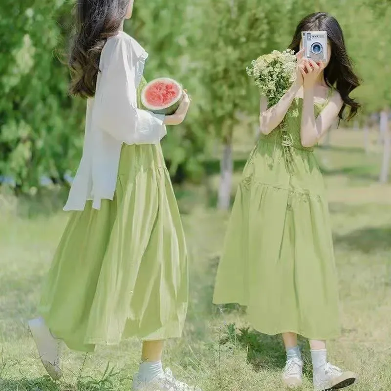 

Новое летнее элегантное женское длинное платье в корейском стиле Мори, зеленое, на бретельках, 2026 года