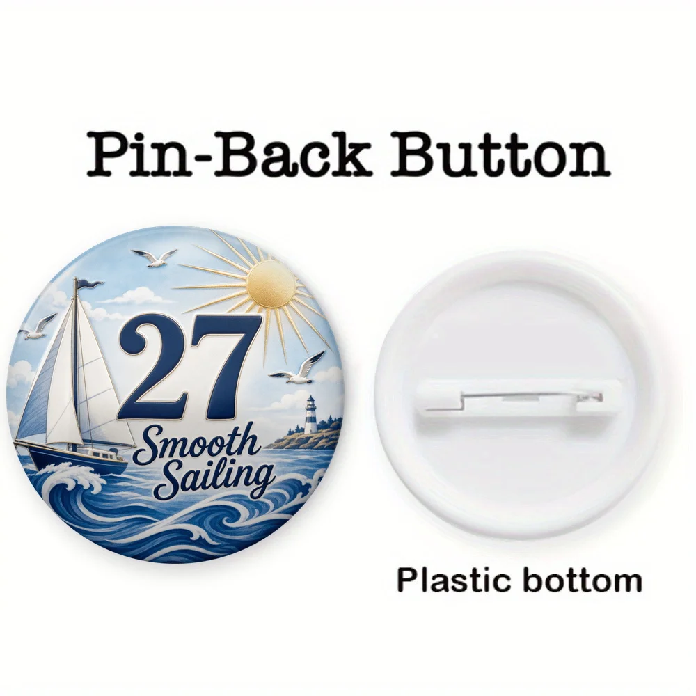 1pc, 2D Flat Smooth Sailing Scene Lapel Pin, Cute and stylish, Round plastic button design, Adds a cute touch to everyday outfit